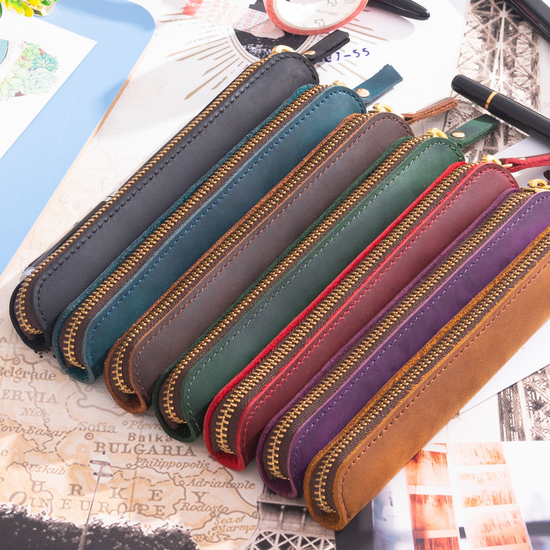 Wholesale Retro Simple Cowhide Zipper Mini Pencil Case